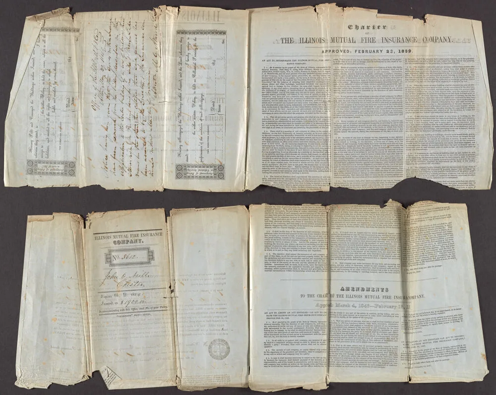 An insurance policy created by and for the Illinois Mutual Fire Insurance Company. This document includes the original Charter and amendments. The policy was created in Alton, Illinois on February 23 and April 4, 1839. Property management insurance costs and the cover behind them