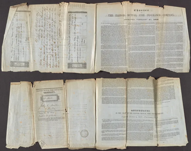 An insurance policy created by and for the Illinois Mutual Fire Insurance Company. This document includes the original Charter and amendments. The policy was created in Alton, Illinois on February 23 and April 4, 1839. Property management insurance costs and the cover behind them