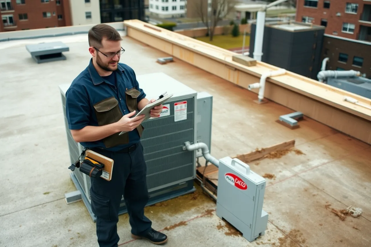 Manager photographing rooftop HVAC unit data plate with tablet during building walk (How to build a maintenance plan a property management team will follow)