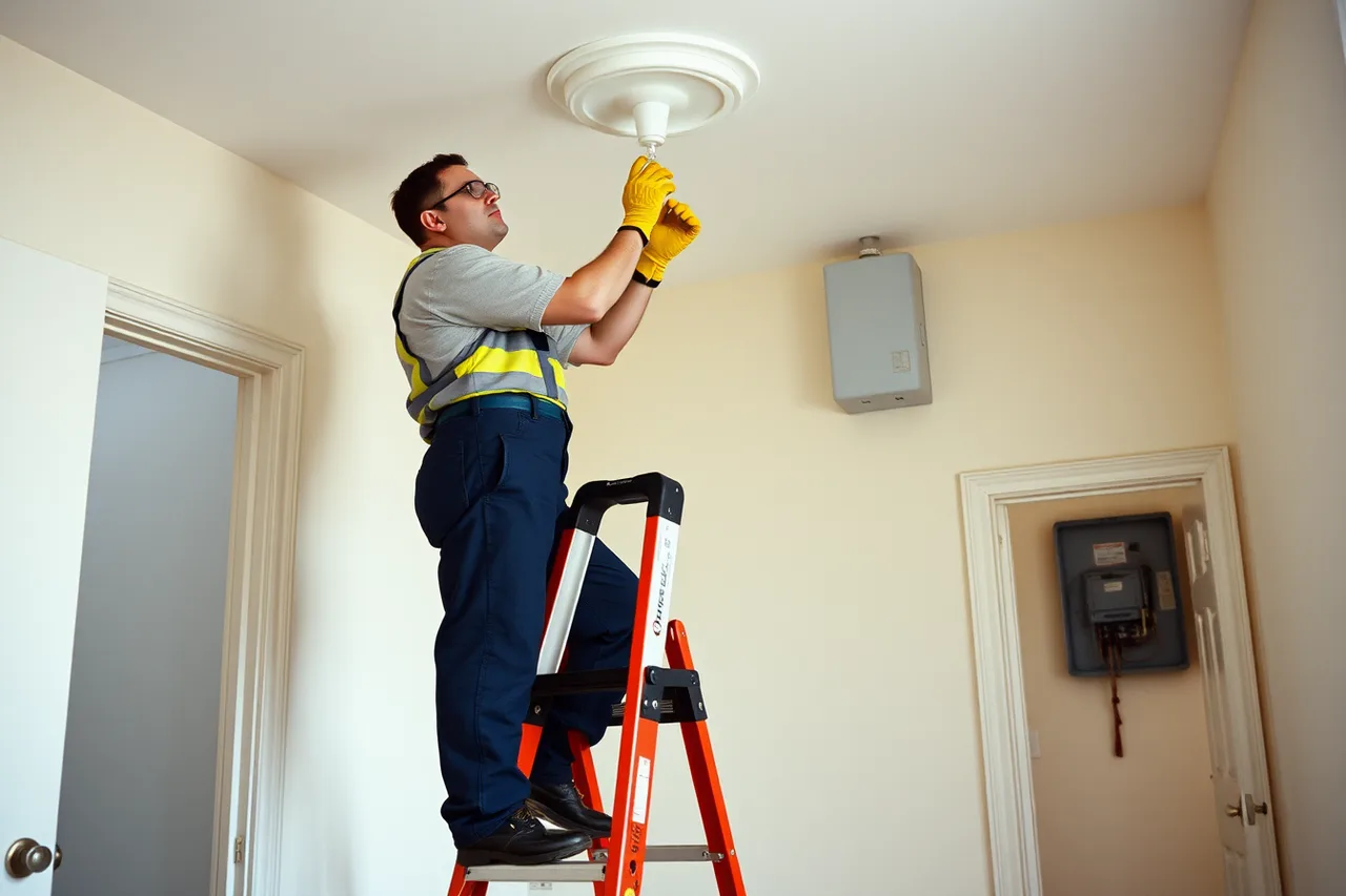 Technician on ladder working alone in empty apartment near water heater (How to schedule property management units without delays: the useful version)